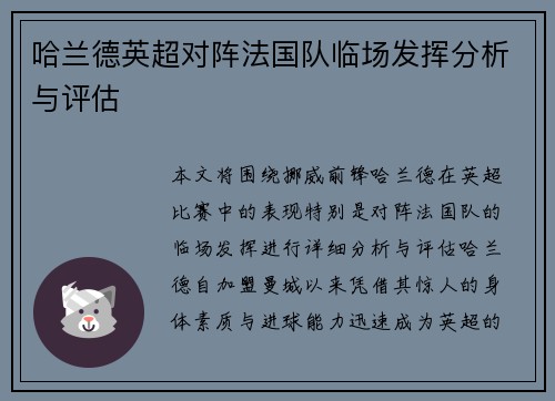 哈兰德英超对阵法国队临场发挥分析与评估