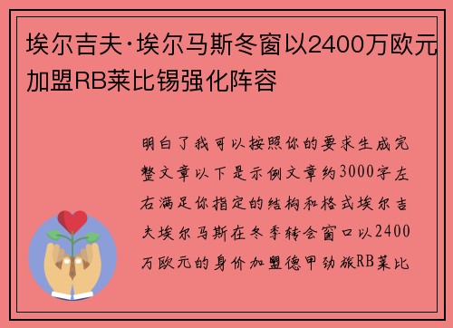埃尔吉夫·埃尔马斯冬窗以2400万欧元加盟RB莱比锡强化阵容